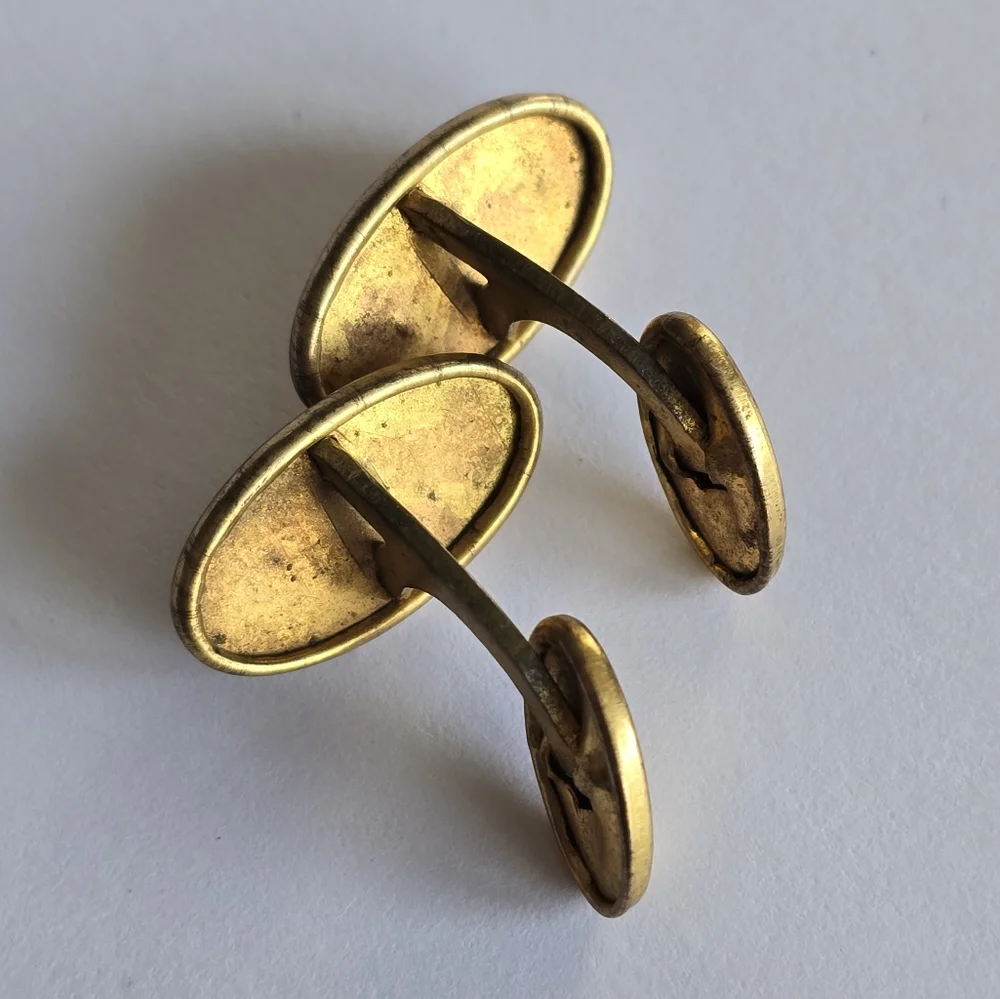 Vintage cuff links gold tone oval engraved leaves lines edwardian art deco